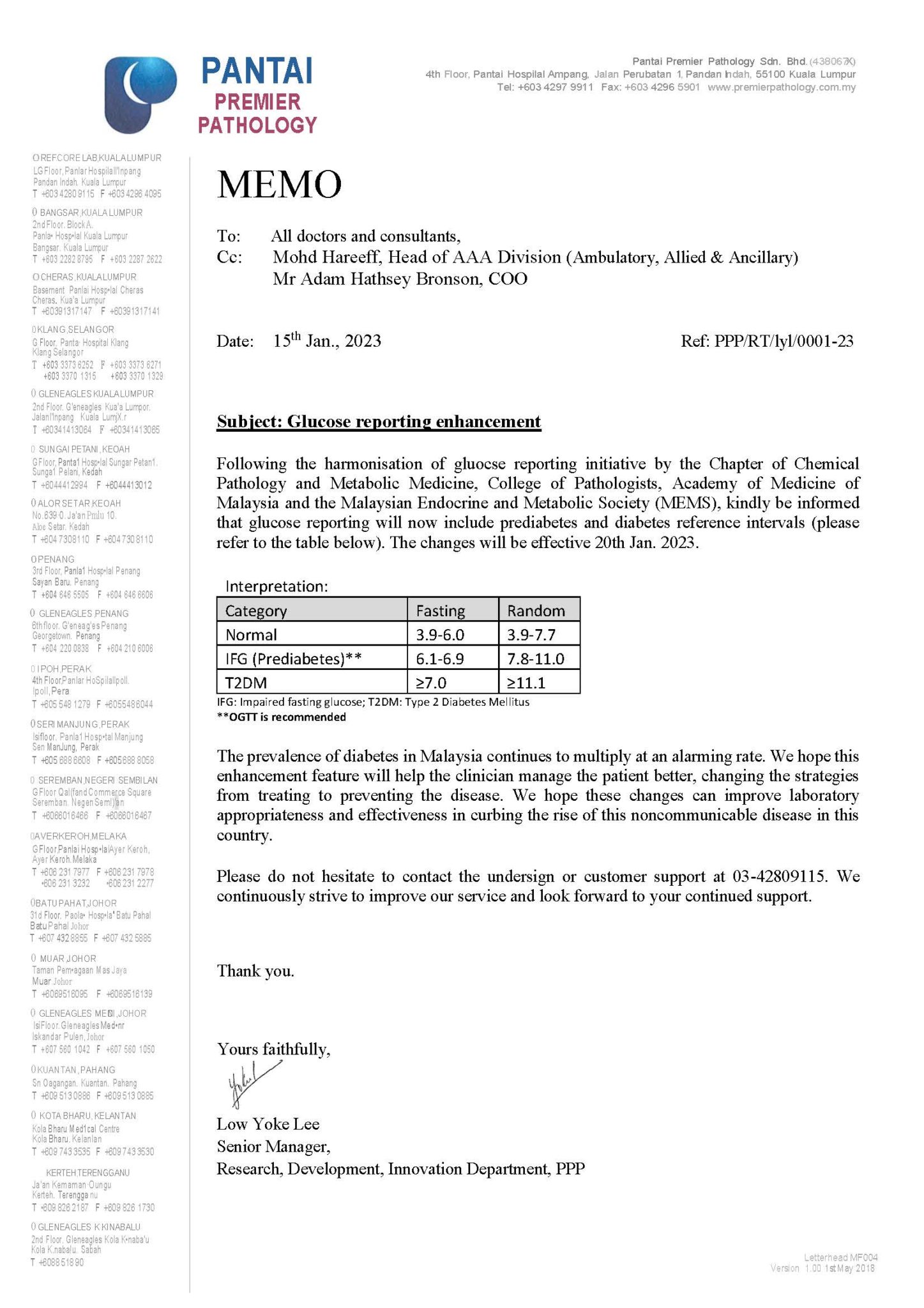 Memo on Glucose Reporting Enhancement Premier Integrated Labs